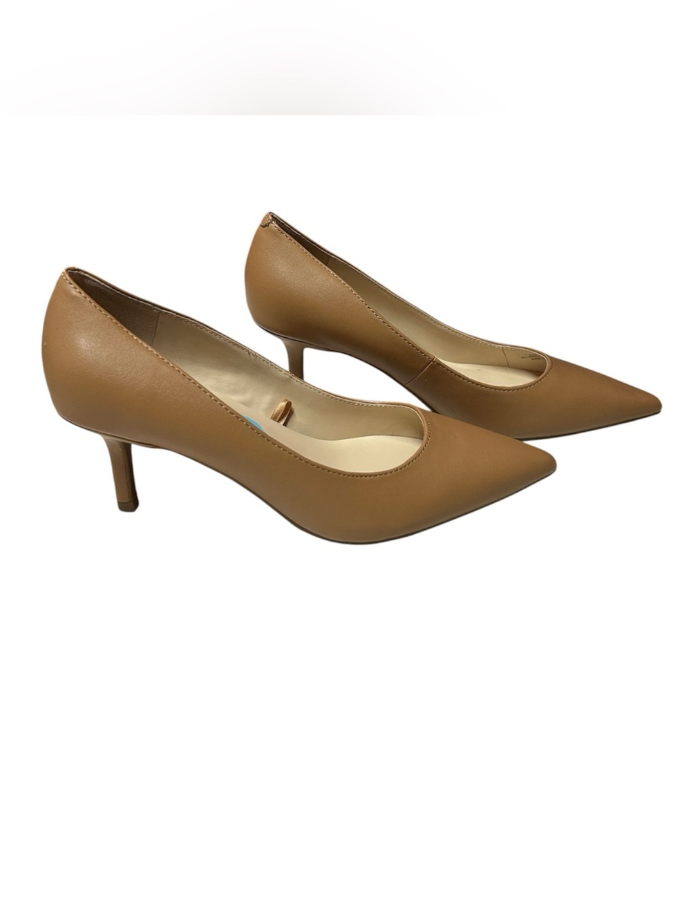 Marc Fisher light brown matte leather pointed toe slender kitten heel pumps